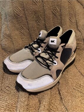 Michael Kors Gray Navy Satin Suede Sneakers MK Logo Size 9